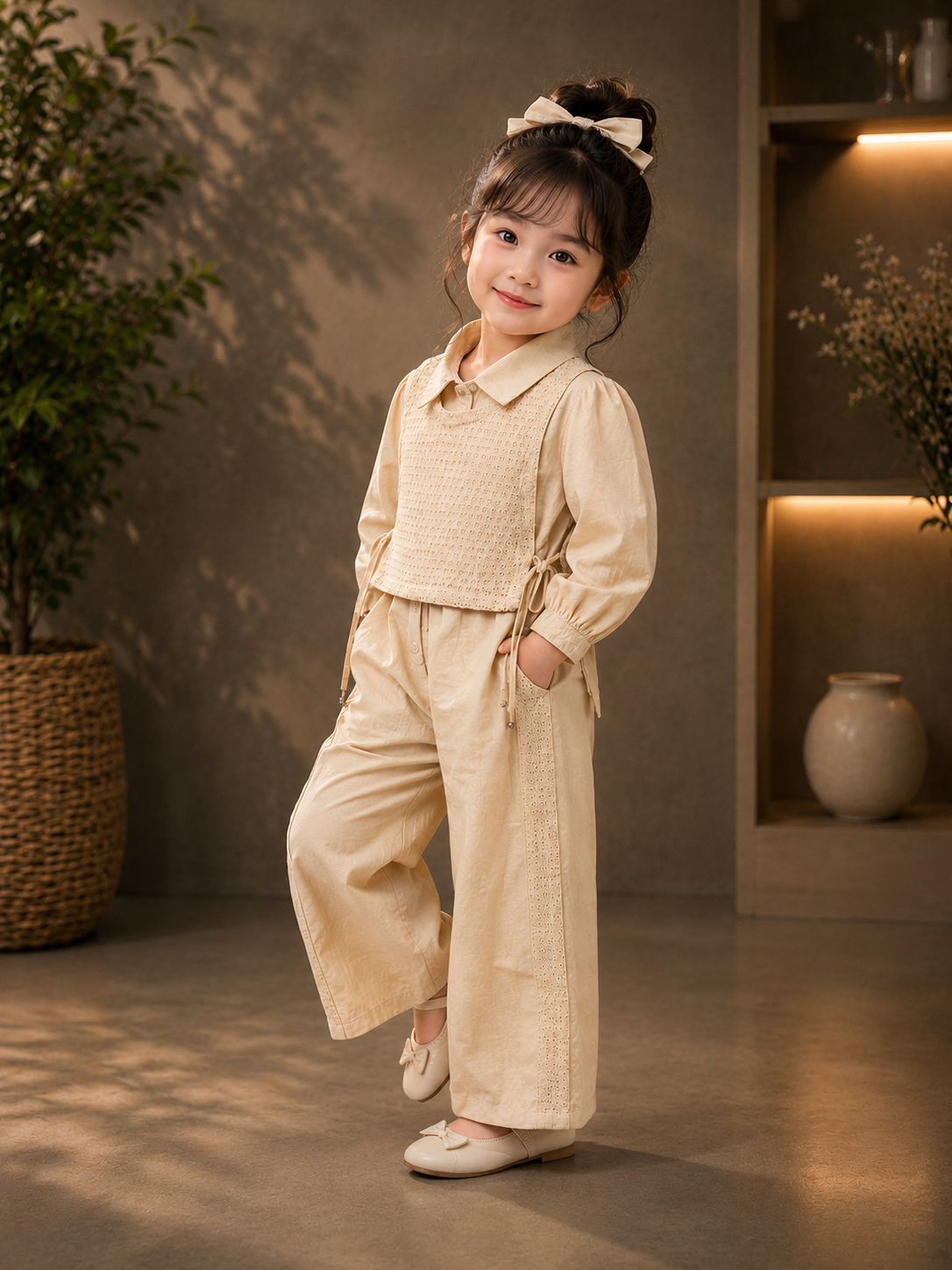 Girls Beige 2-Piece Co-Ord Set | Crochet Crop Top, Full Sleeve Shirt & Wide Leg Pants | 16-24 Size