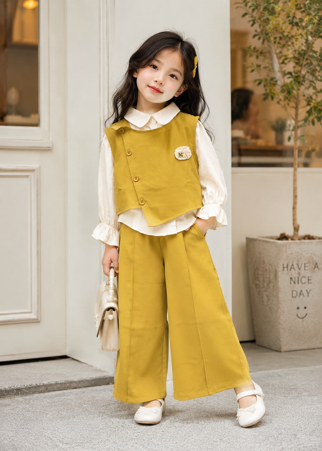 Girls Mustard 3-Piece Co-Ord Set | Premium Shirt, Asymmetrical Top & Wide Leg Pant Set (4–11 Years)
