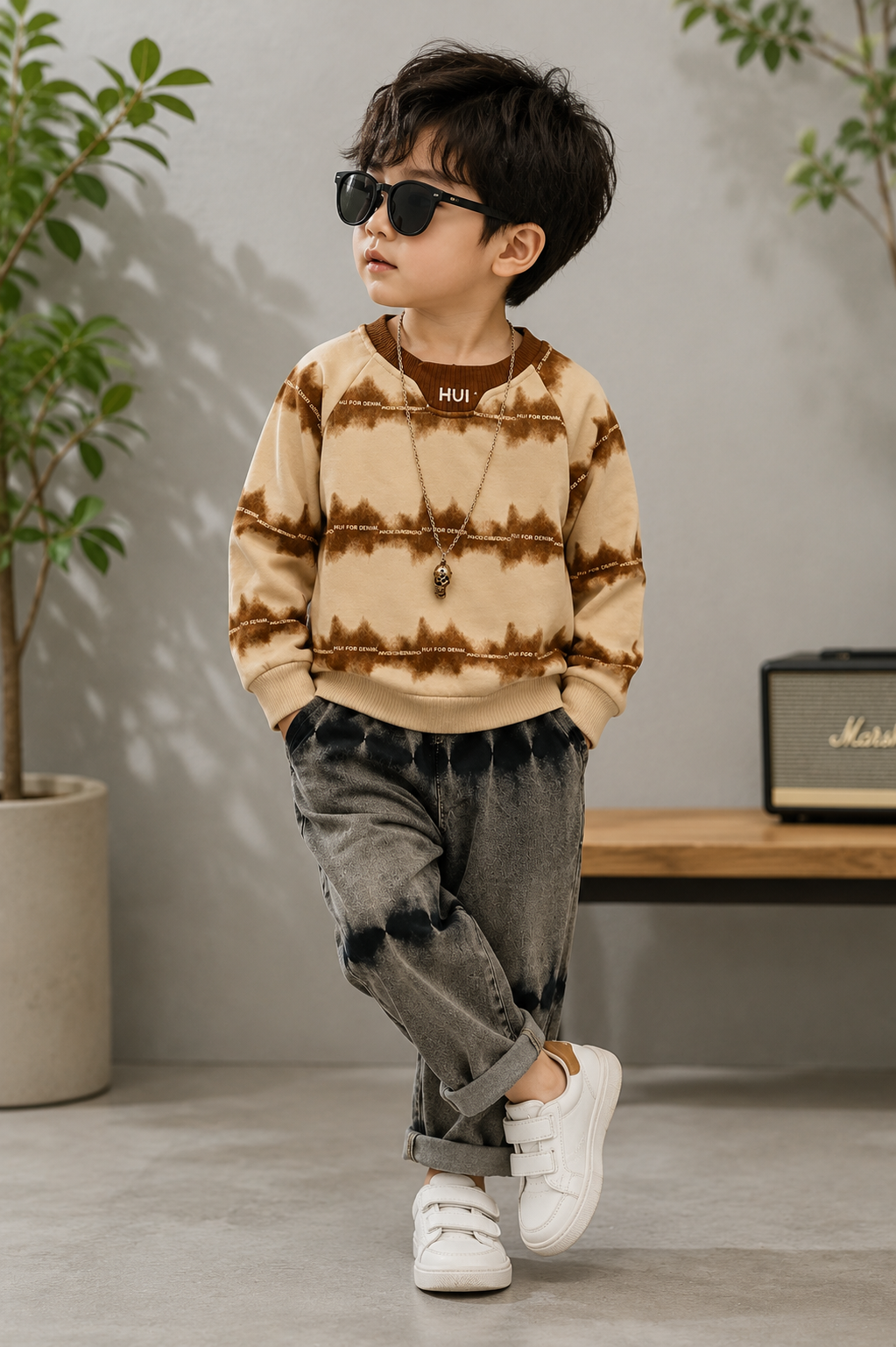 Premium Korean Style Kids Cord Set | Printed Sweatshirt & Acid Wash Denim Jogger | 1-6 Years