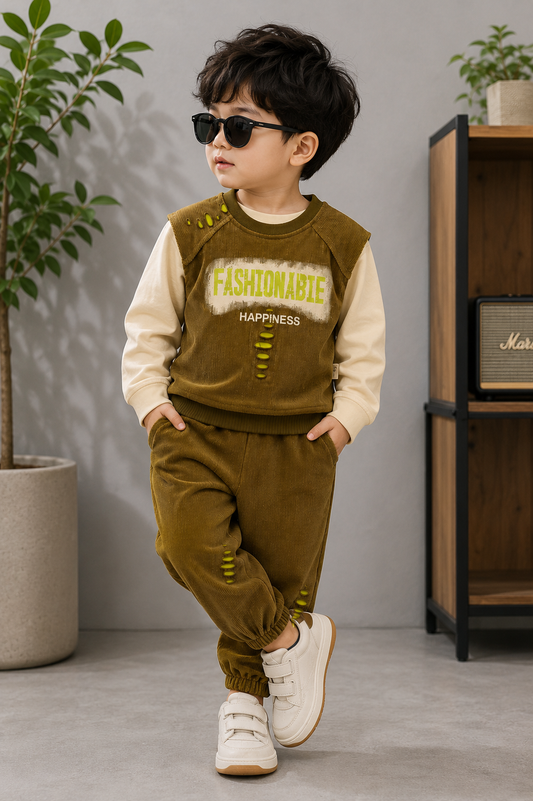 Fashionable Kids Cord Set | Full Sleeve T-Shirt with Ribbed Co-ord Set | Olive Green | 1-6 Years