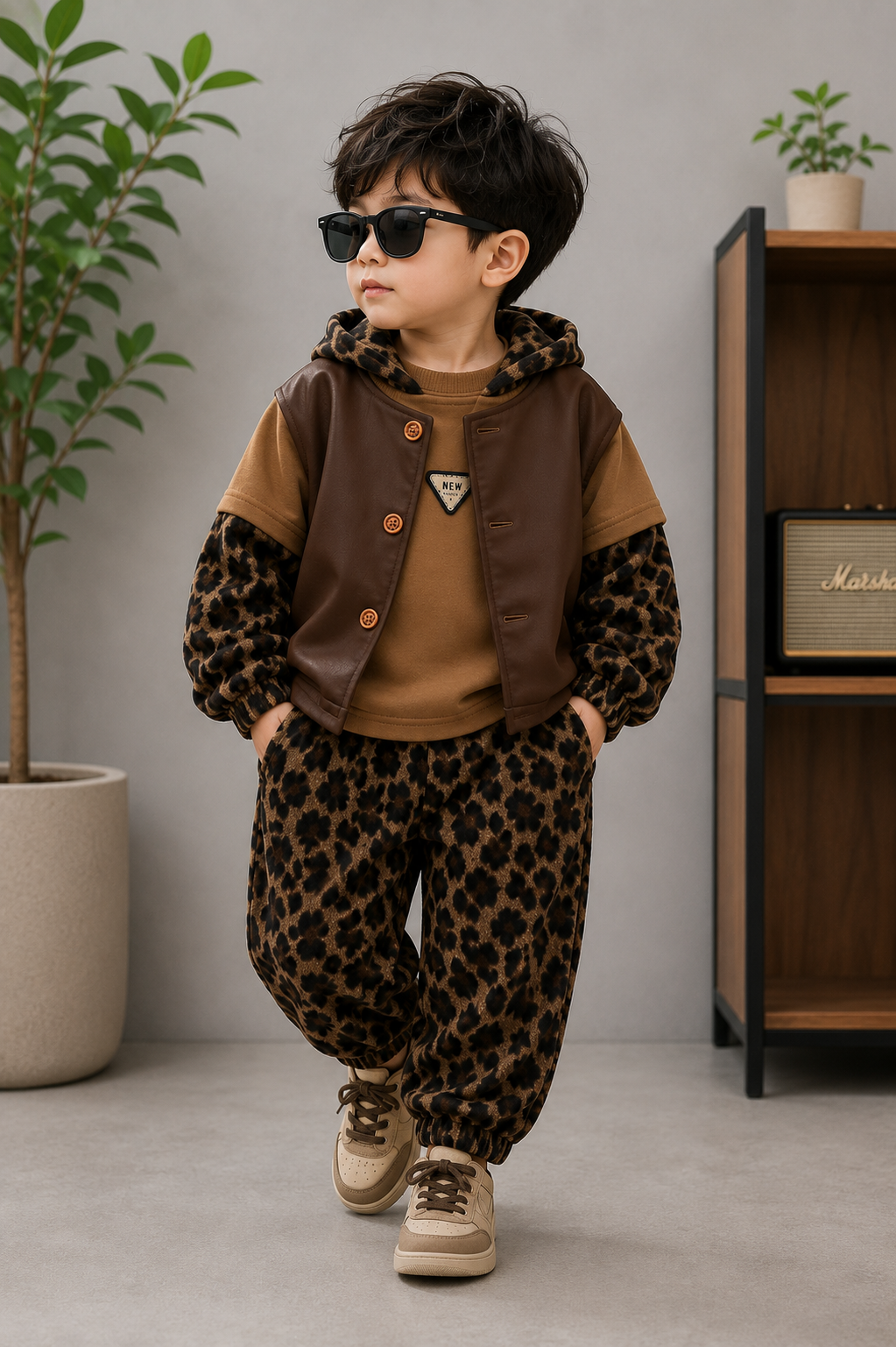 Kids Leopard Print 3-Piece Winter Co-ord Set with Faux Leather Jacket | Brown | 1-6 Years