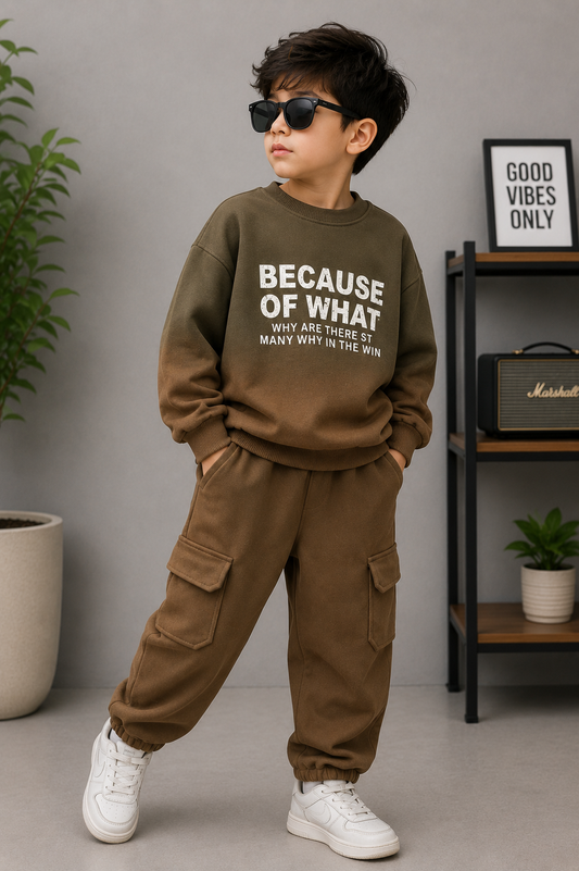 Boys Premium Winter Fleece Cargo Co-Ord Set – Brown | Soft & Warm Sweatshirt with Cargo Joggers (6–11 Years)