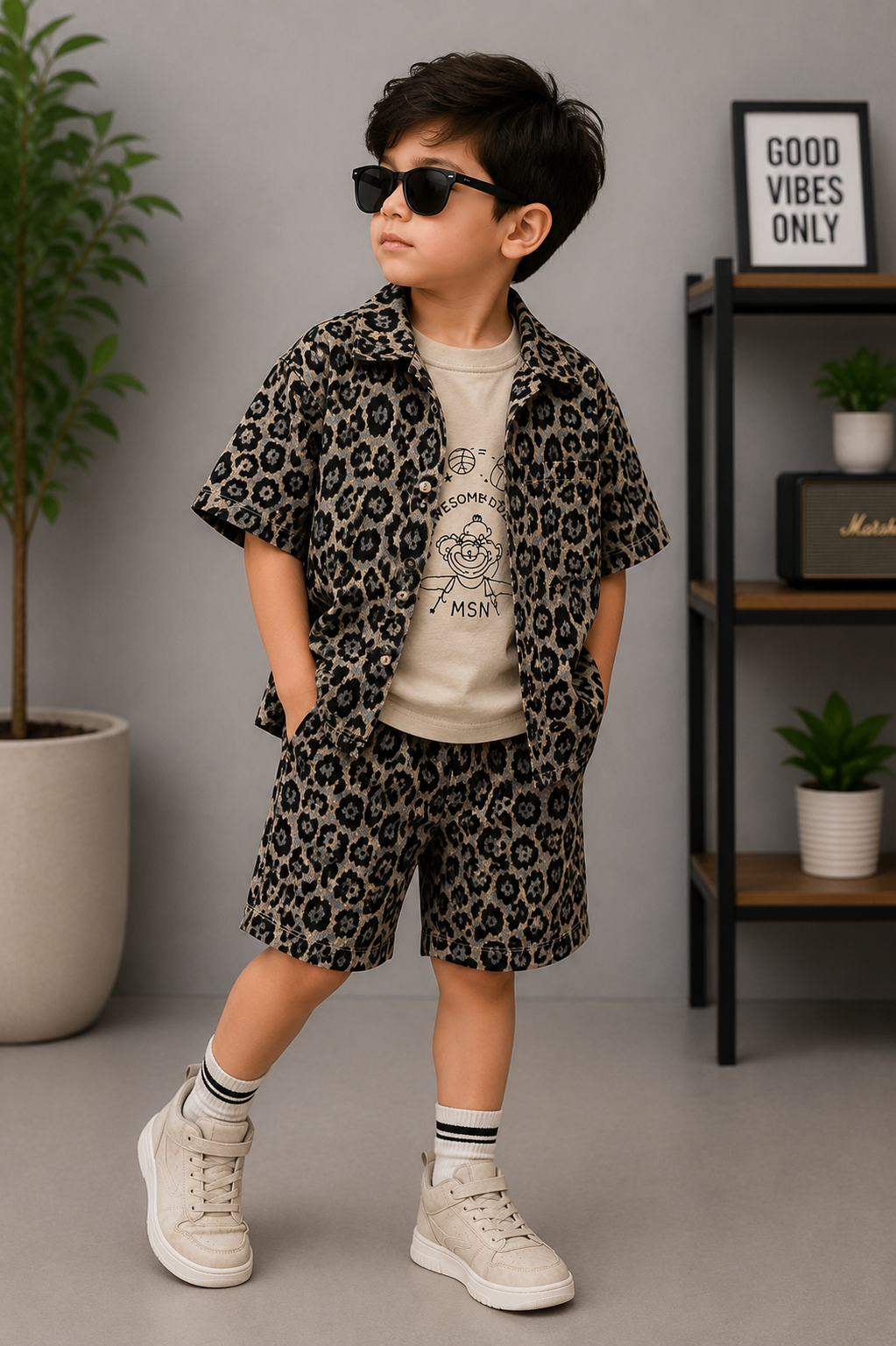 Boys Leopard Print 3-Piece Co-Ord Set – Shirt, Graphic T-Shirt & Shorts | Summer Outfit (1–6 Years)