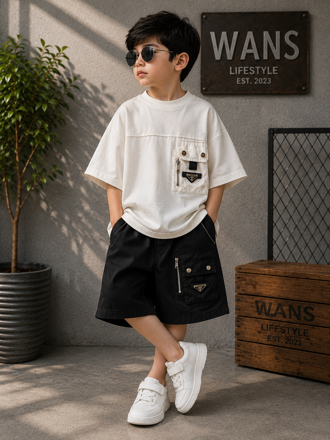 Boys Premium Utility Pocket Cord Set – White & Black | Half Sleeve Co-ord Set (5-11 Years)