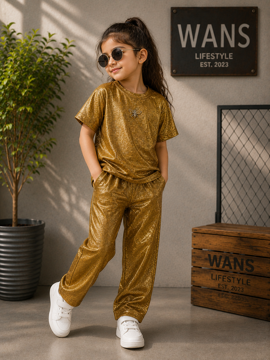 Girls Premium Shimmer Co-ord Set – Golden | Half Sleeve T-Shirt & Pants Set (2–7 Years)