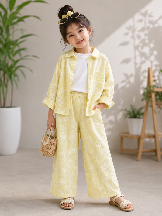 Girls 3-Piece Yellow Cotton Co-Ord Set | Embroidered Shirt, T-Shirt & Wide Leg Pants | 2-6 Years