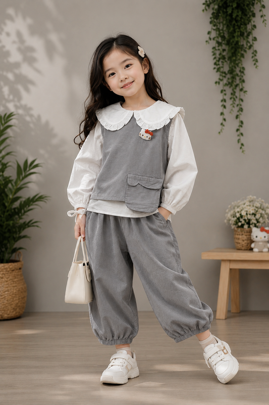 Girls 3-Piece Grey Co-Ord Set | Peter Pan Collar Top, Layered Vest & Jogger Pants | 2-6 Years