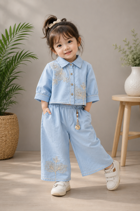 Girls Sky Blue Embroidered Co-Ord Set | Designer Shirt & Wide Leg Pants | 18-26 Size