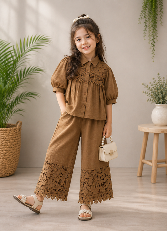 Girls Brown Lace Co-Ord Set | Designer Shirt & Wide Leg Pants | Party Wear | Size 24-36