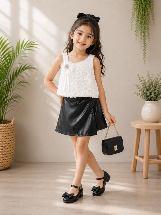 Girls White Floral Top & Black Faux Leather Skirt Set | 2-Piece Party Wear Outfit | Size 24-36
