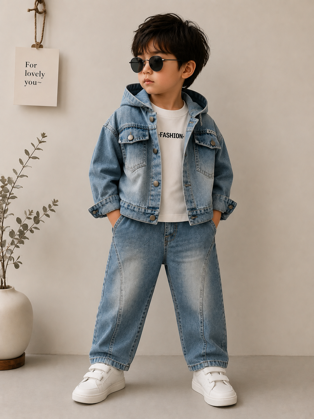 Boys Premium 3-Piece Denim Co-ord Set with Hooded Jacket – Light Blue (1–6 Years)