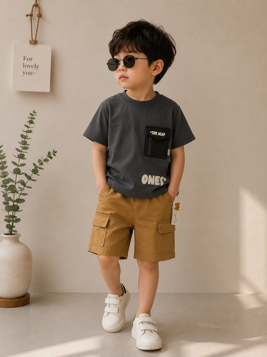 Boys Premium Utility Pocket Co-ord Set – Grey T-Shirt & Cargo Shorts (1–6 Years)