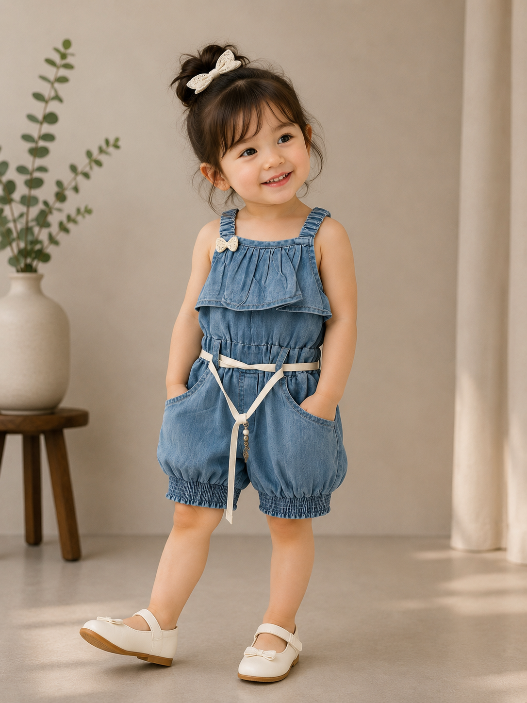 Girls Premium Denim Romper with Belt – Light Blue Sleeveless Jumpsuit (1–6 Years)