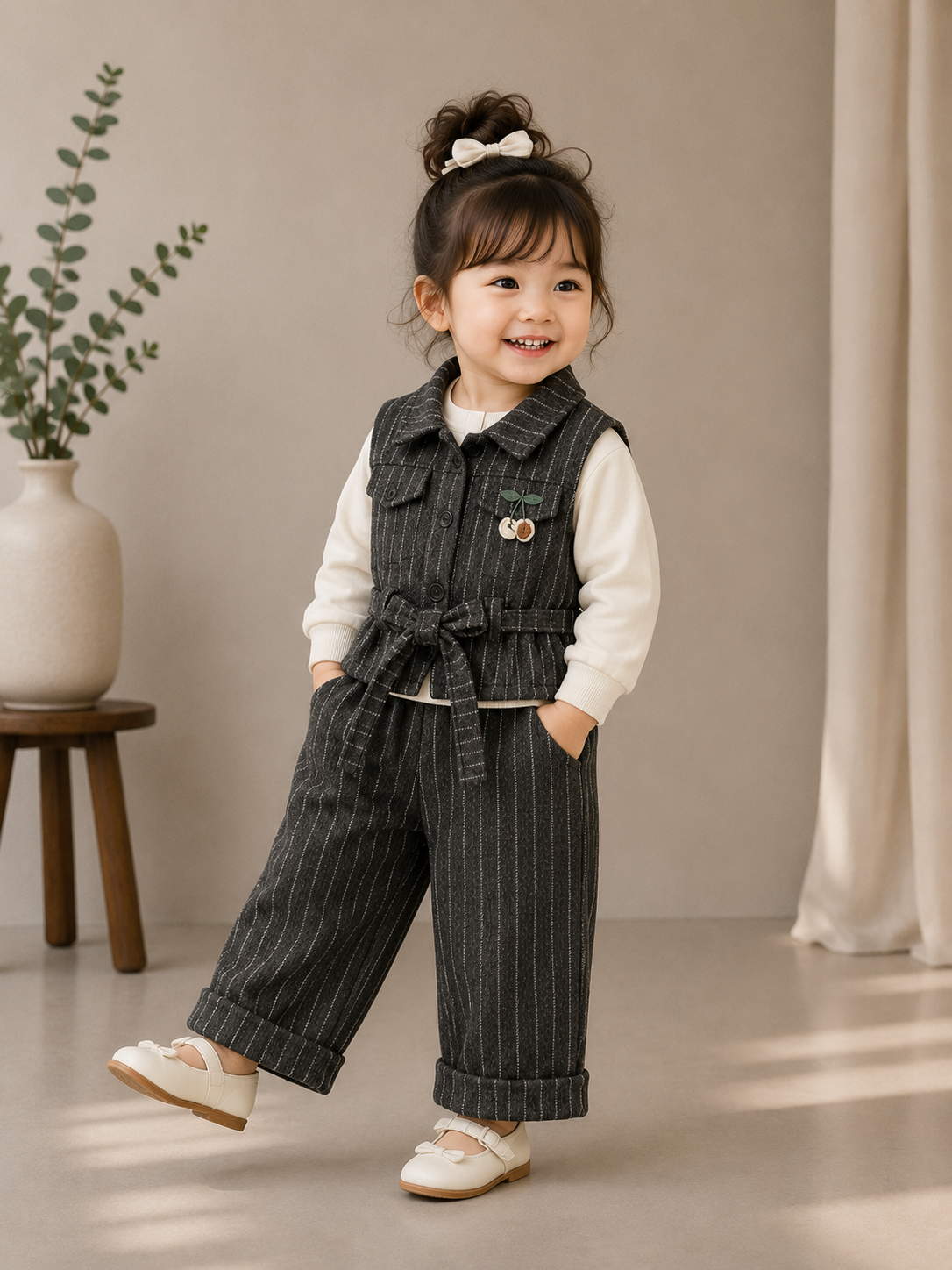 Girls Premium 3-Piece Winter Stripe Cord Set with Belt – Grey | 1-6 Years