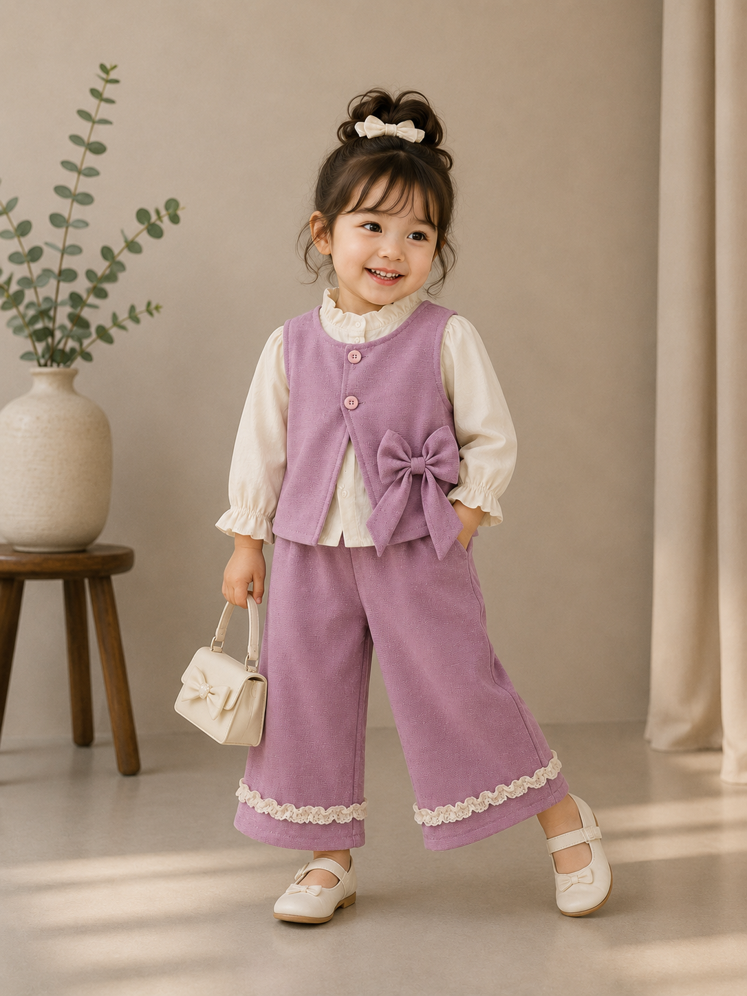 Girls Premium 3-Piece Lavender Co-Ord Set with Bow Vest | 1-6 Years