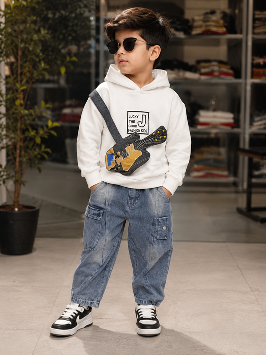 Kids White Hoodie & Cargo Denim Pants with Guitar Sling Bag Cord Set | 2-Piece Outfit (1-6 Years)