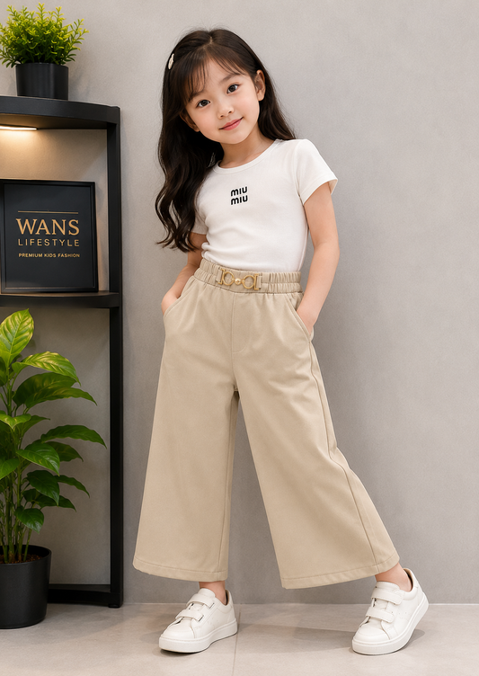 Girls Korean Wide Leg Trousers | Premium Beige Straight Fit Pants with Belt Detail (4-11 Years)