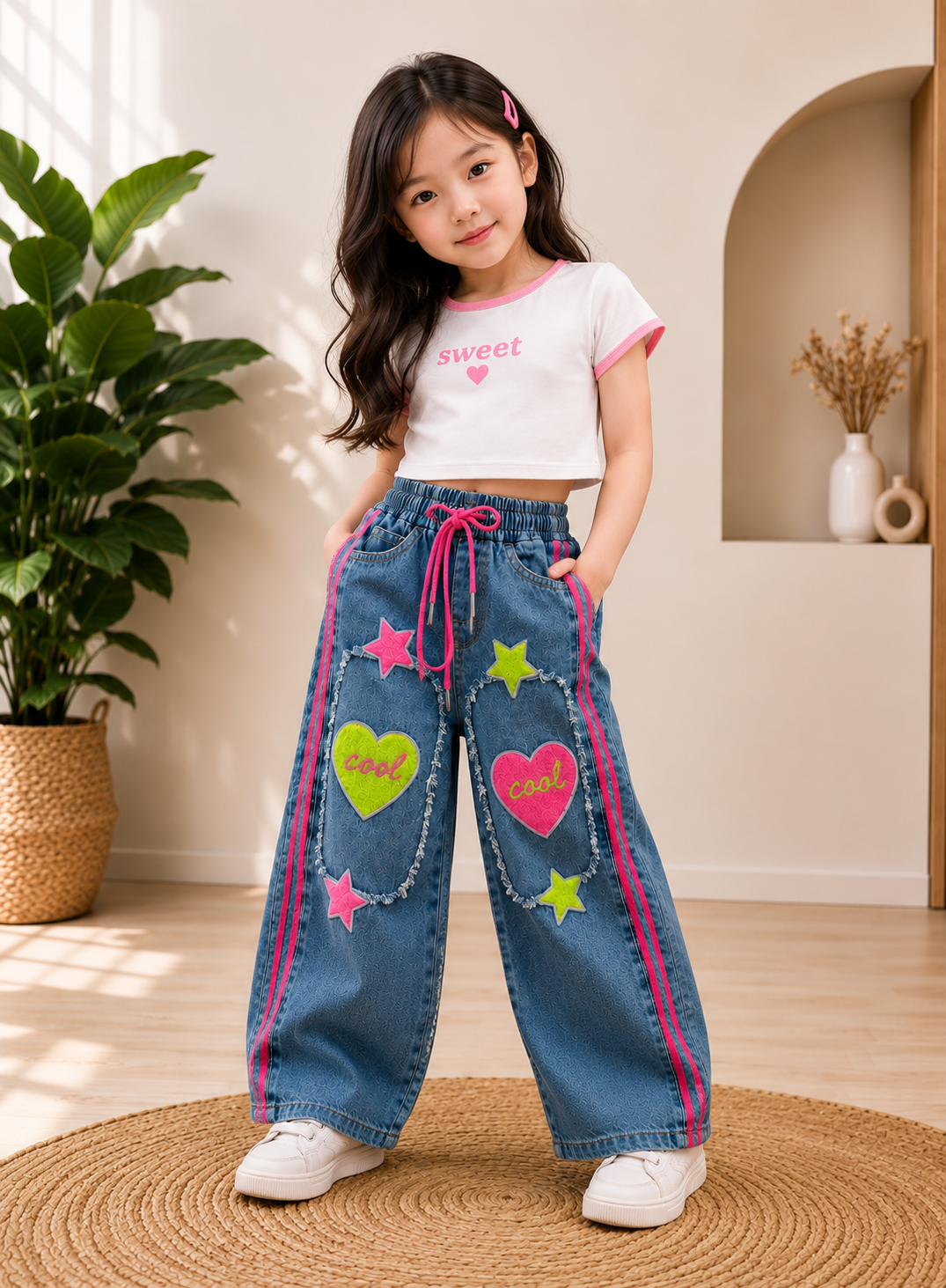 Girls Wide Leg Denim Jeans with Heart & Star Patch | Stylish Kids Baggy Jeans (4-11 Years)