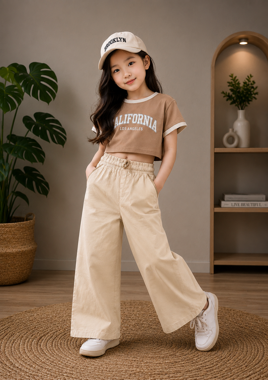 Cream Wide Leg Cotton Trousers | Premium Elastic Waist Pants for Girls (4–11 Years)