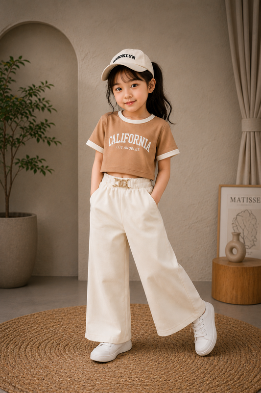 Kids Premium White Wide Leg Pants with Gold Buckle | Elegant Casual Trousers | 1-6 Years