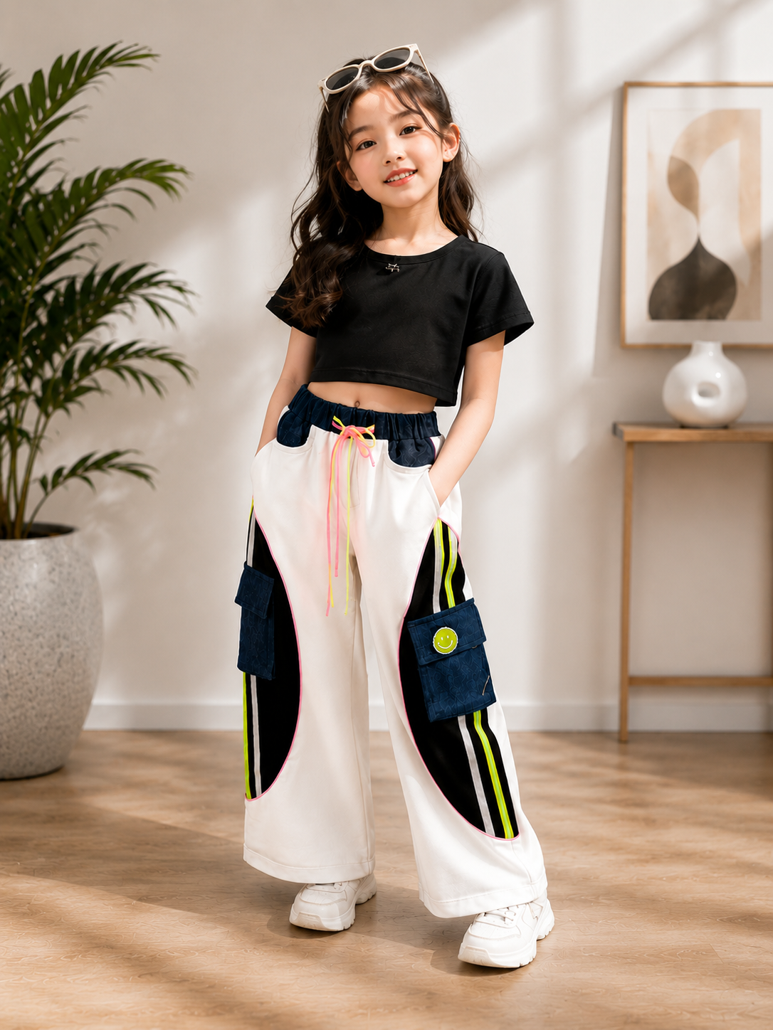 Girls Korean Cargo Wide Leg Pants | Premium White Baggy Trousers with Utility Pockets (4-11 Years)
