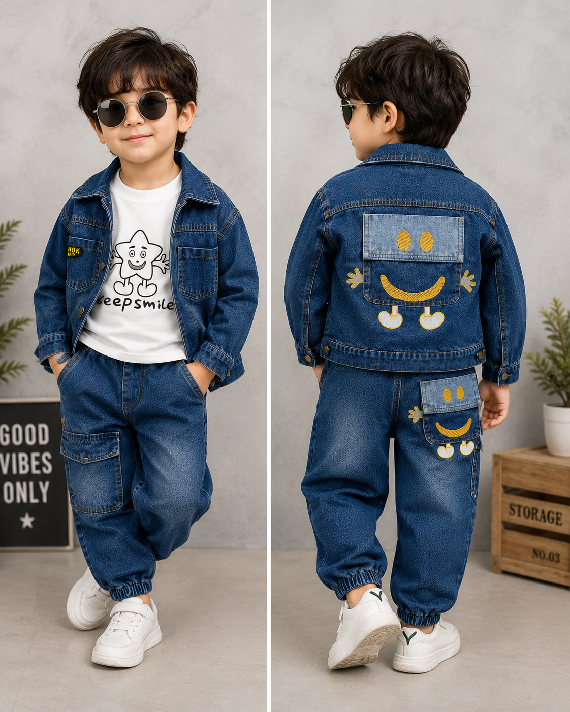 Boys 3-Piece Denim Jacket, T-Shirt & Cargo Jogger Set | Premium Korean Style Outfit (1–7 Years)