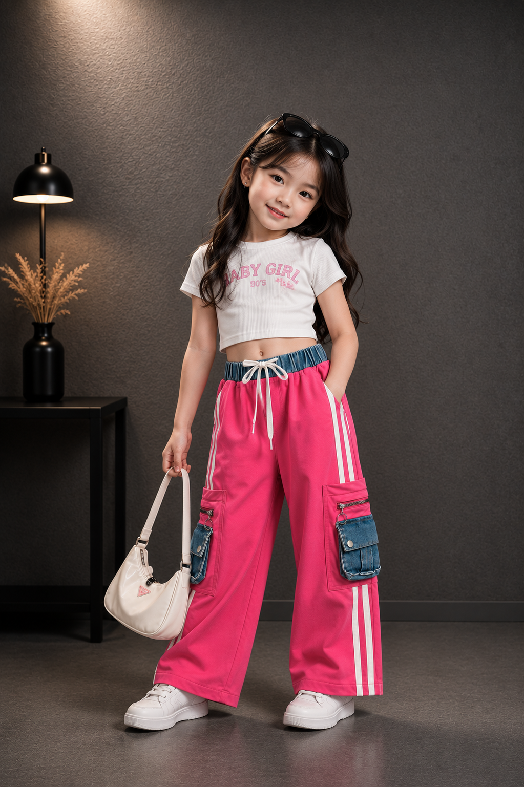 Girls Pink Cargo Track Pants | Korean Style Wide Leg Joggers | 4-11 Years