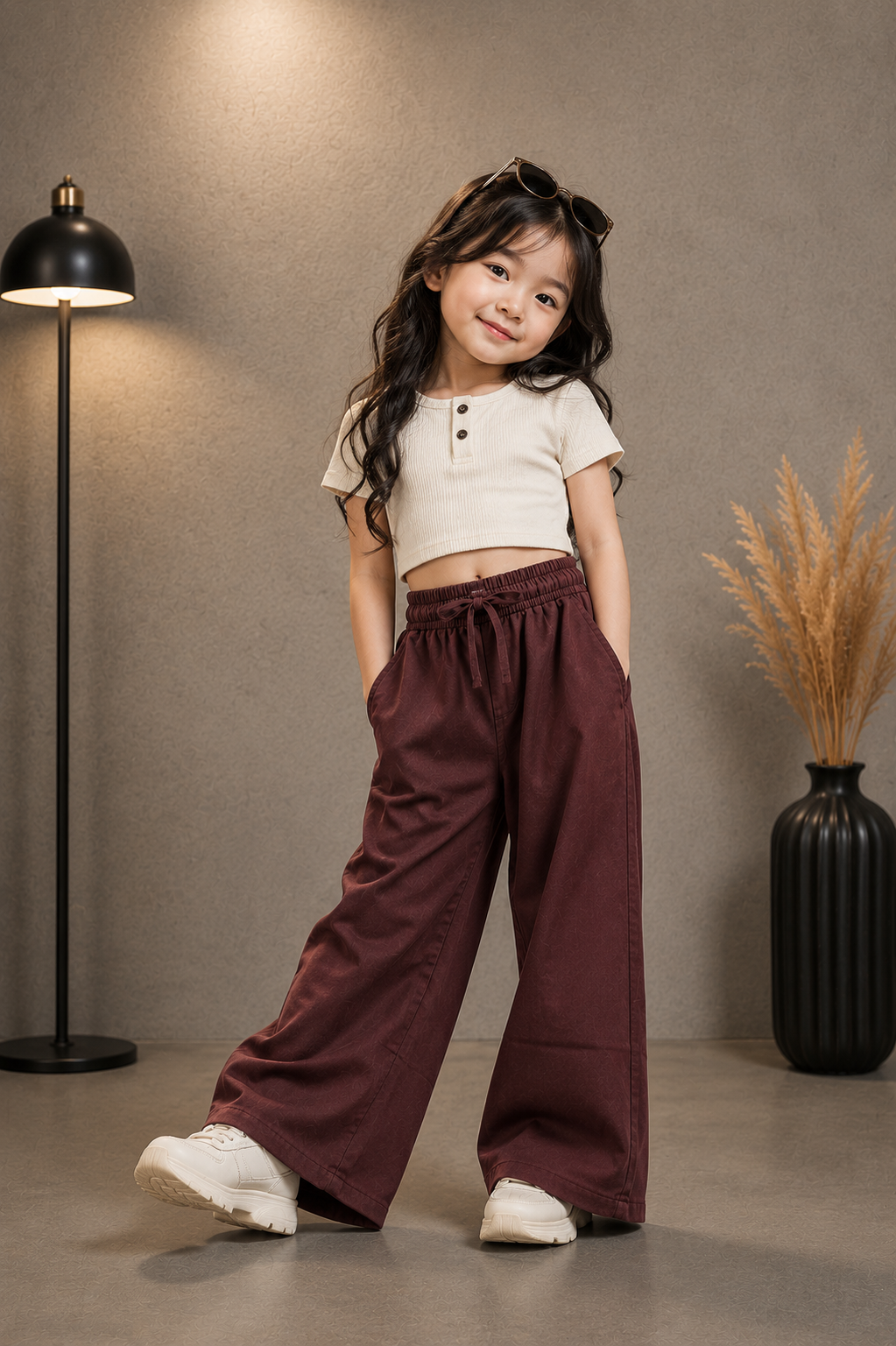 Kids Premium Maroon Wide Leg Cotton Pants | Elastic Waist Casual Trousers | 5-13 Years