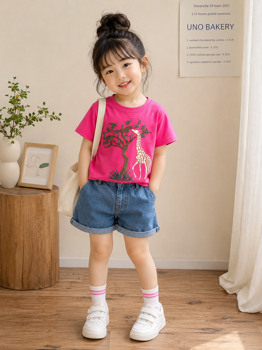 Girls Premium Giraffe Embroidered T-Shirt | Pink Cotton Half Sleeve Tee | 4-11 Years