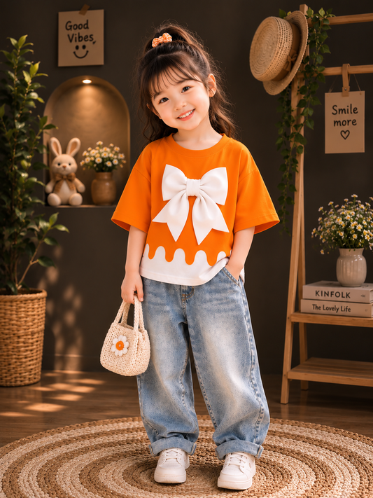 Girls Premium 3D Bow T-Shirt | Orange Half Sleeve Top | 4-11 Years