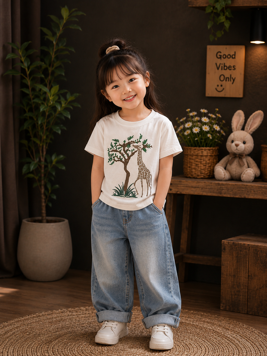 Kids Premium Giraffe Embroidered T-Shirt | Soft Cotton | 4-11 Years