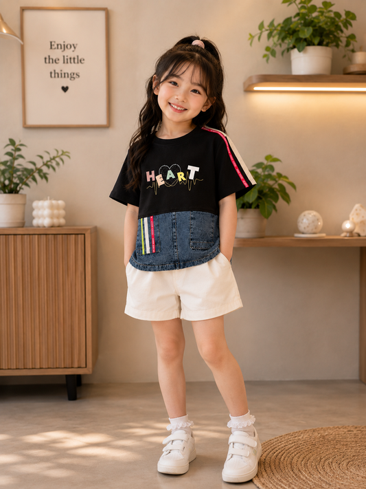Girls Heart Printed Denim Patch Top | Stylish Casual Half Sleeve T-Shirt | 4-12 Years