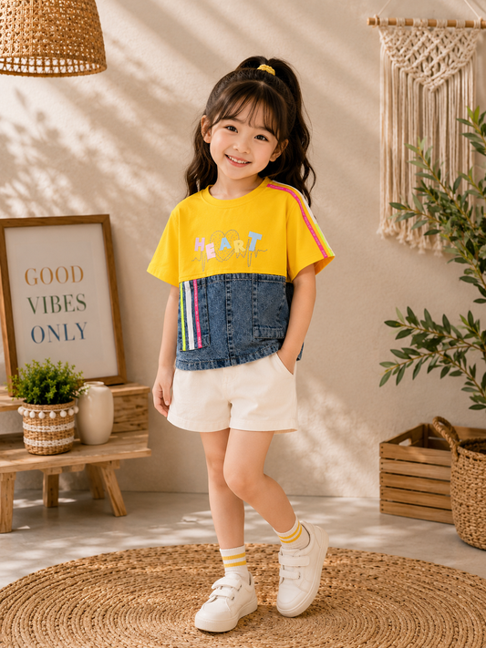 Girls Yellow Crop Top with Denim Hem | HEART Print Casual T-Shirt | Summer Wear | 4-12 Years