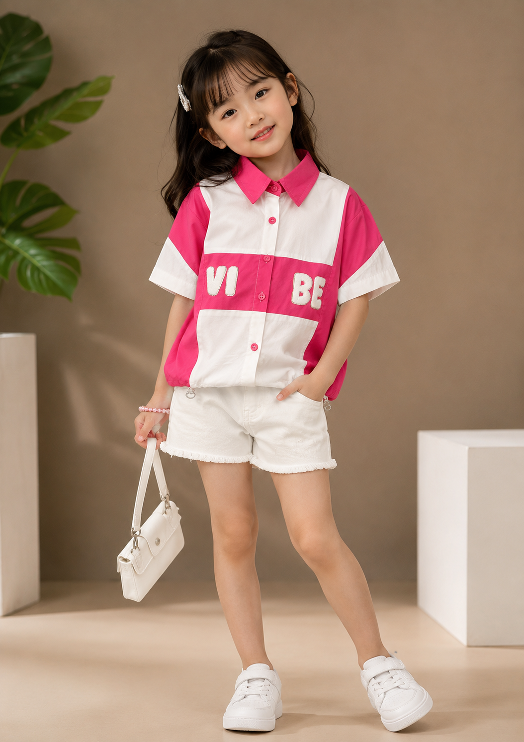 Girls Pink & White Color Block Shirt | Korean Style Half Sleeve Cotton Shirt | 4-11 Years