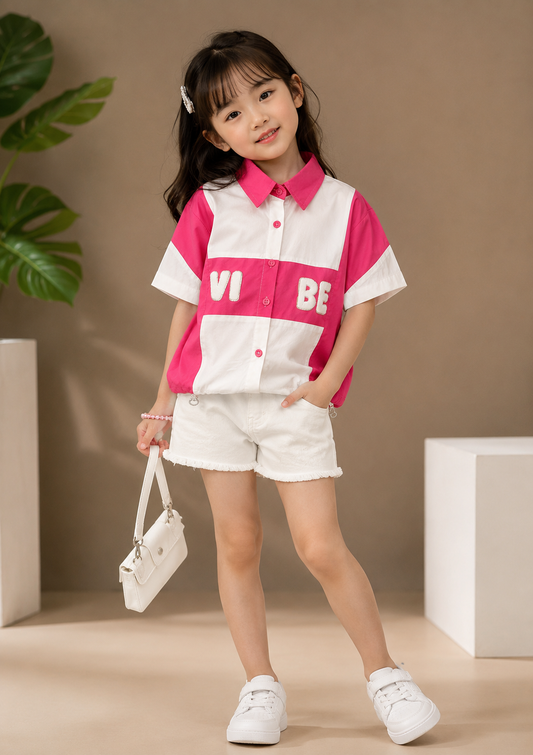 Girls Pink & White Color Block Shirt | Korean Style Half Sleeve Cotton Shirt | 4-11 Years