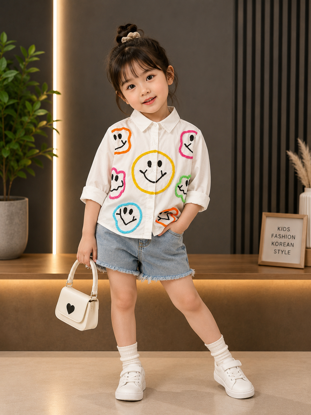 Girls White Smiley Print Full Sleeve Shirt | Korean Style Cotton Casual Shirt | 4-11 Years