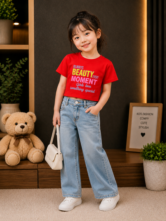 Girls Red Graphic Printed Cotton T-Shirt | Soft Casual Round Neck Tee | 4-11 Years
