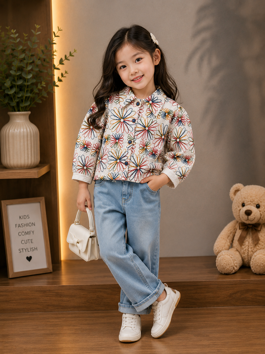 Girls Premium Floral Embroidered Shirt | Soft Cotton Blend | 4-11 Years