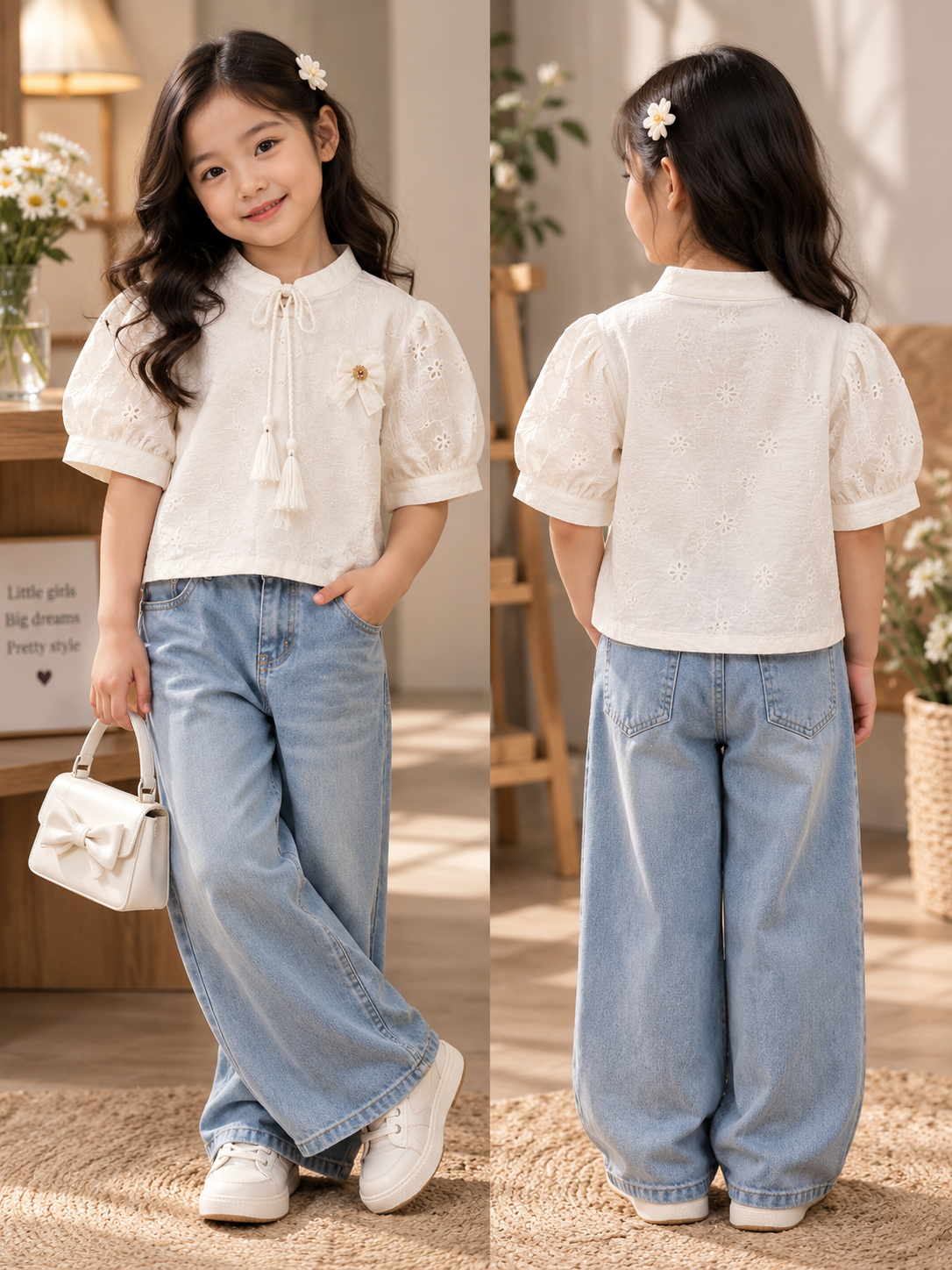 Girls Elegant White Embroidered Puff Sleeve Top | Premium Cotton Blend | 4-11 Years