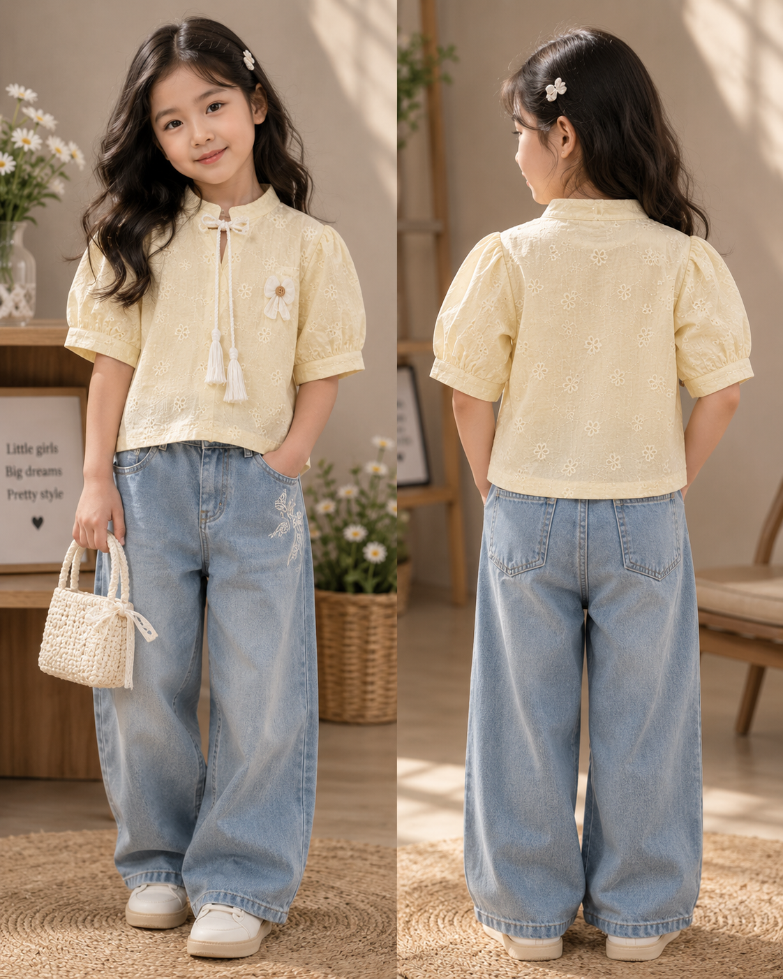 Girls Cream Embroidered Puff Sleeve Top | Casual & Festive Wear | 4-11 Years