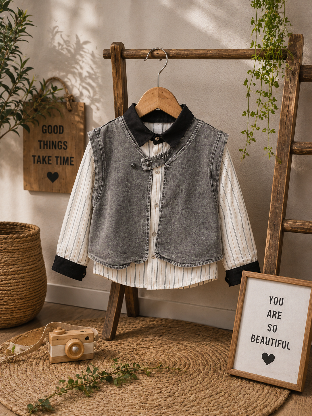 Boys Grey Denim Waistcoat with Striped Shirt | Premium Party Wear (2–7 Years)