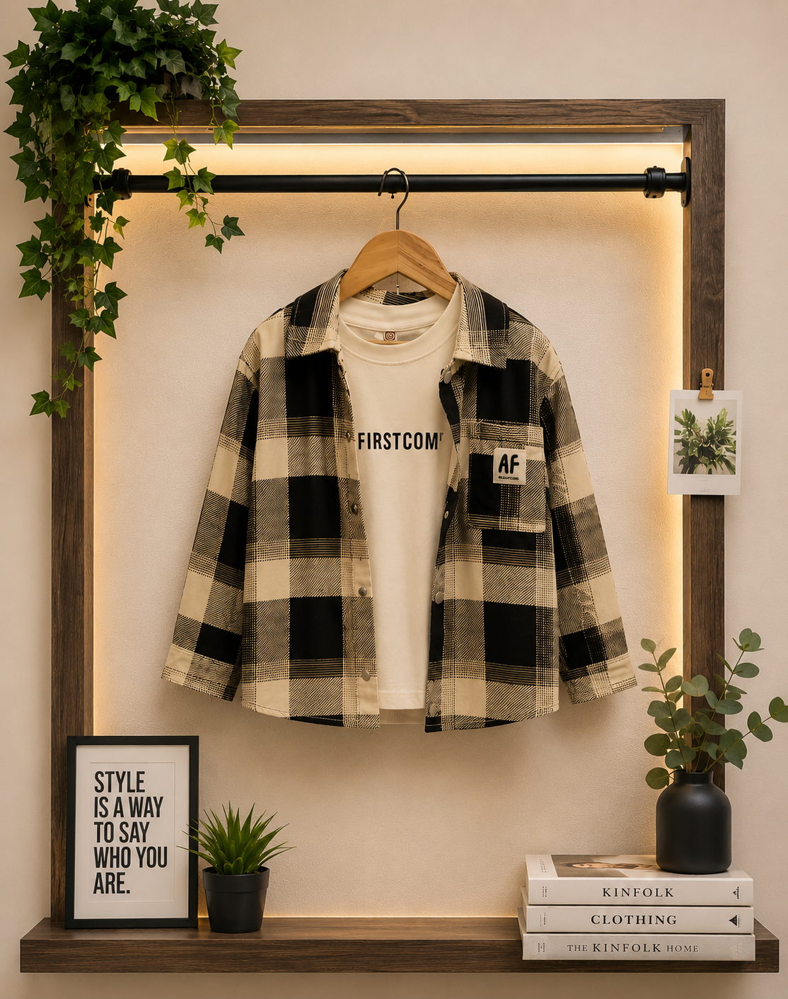 Boys Premium Black & Beige Checked Shacket with T-Shirt | 2-7 Years