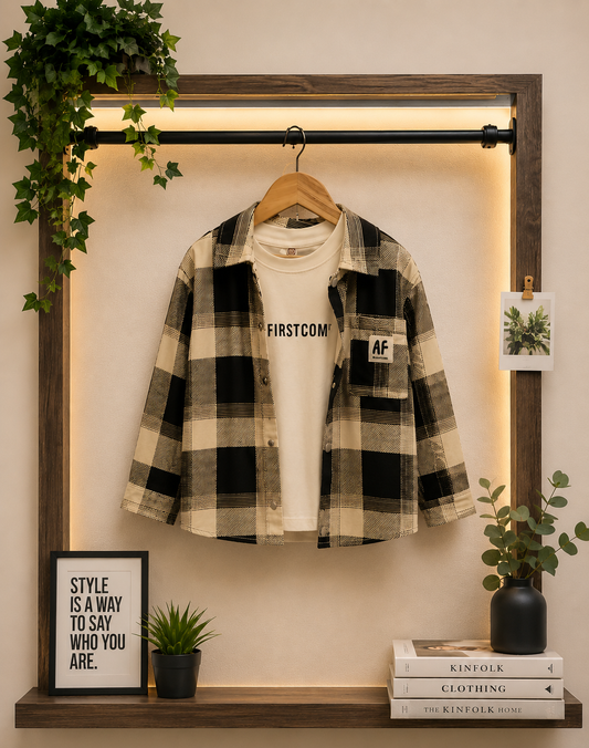 Boys Premium Black & Beige Checked Shacket with T-Shirt | 2-7 Years