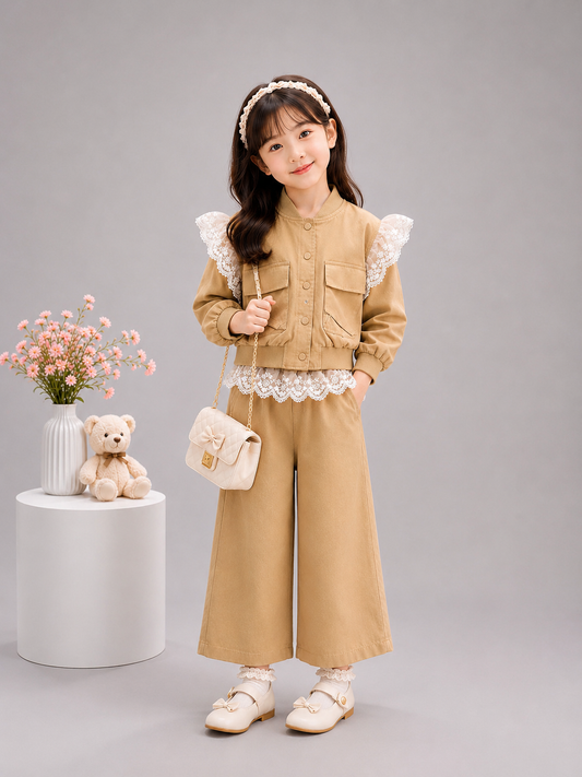 GIRL'S PREMIUM KOREAN BEIGE LACE CO-ORD SET (WITH SLING BAG) (6–12 YEARS)