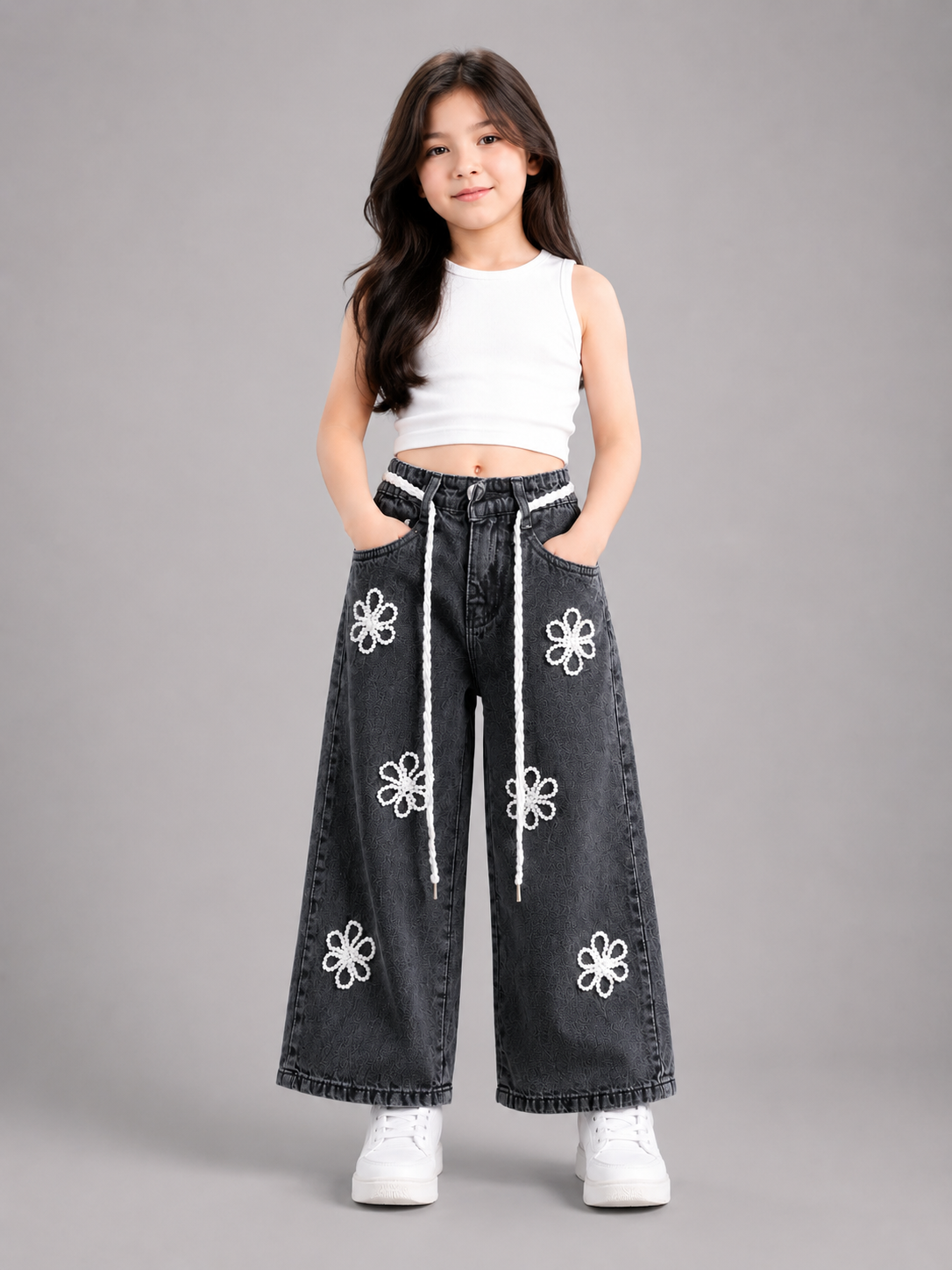 GIRLS BLACK WIDE LEG DENIM JEANS WITH FLORAL EMBROIDERY | SIZES 24–30