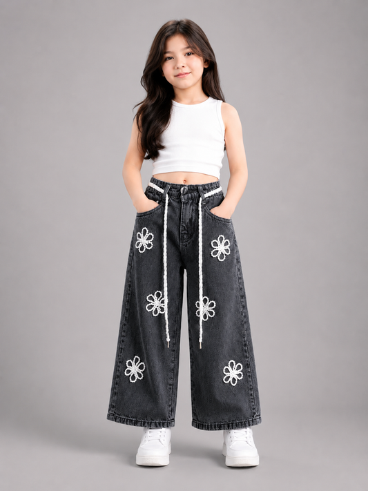 GIRLS BLACK WIDE LEG DENIM JEANS WITH FLORAL EMBROIDERY | SIZES 24–30