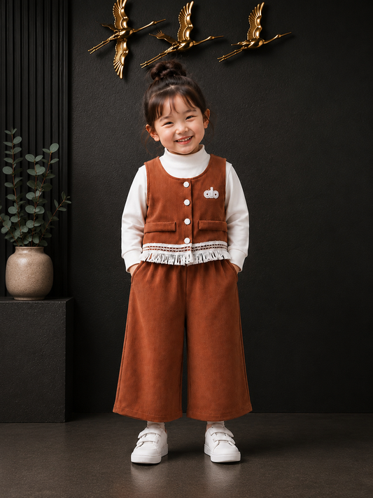 GIRLS PREMIUM RUST CORDUROY 3-PIECE CO-ORD SET WITH HIGH NECK TOP | SIZES 18–26