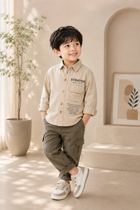Boys Beige Utility Pocket Casual Shirt | Premium Cotton Blend | 2–7 Years