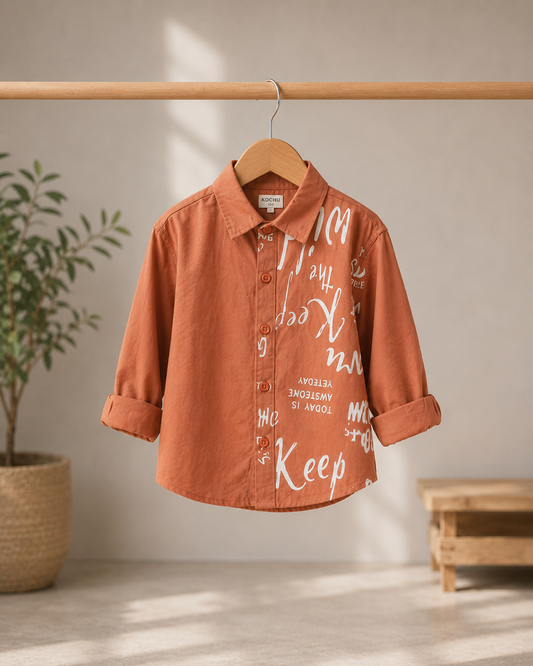 Boys Rust Orange Printed Full Sleeve Cotton Shirt | Casual Korean Style | 1-5 Years