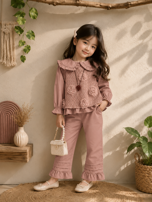 Girls Premium Floral Lace Co-Ord Set | Korean Style Full Sleeve Top & Ruffle Pants | 2-6 Years